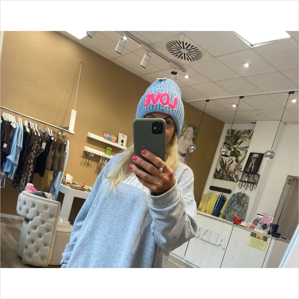 Mütze Zwillingsherz Großstrick ’LOVE’ blau - Mütze